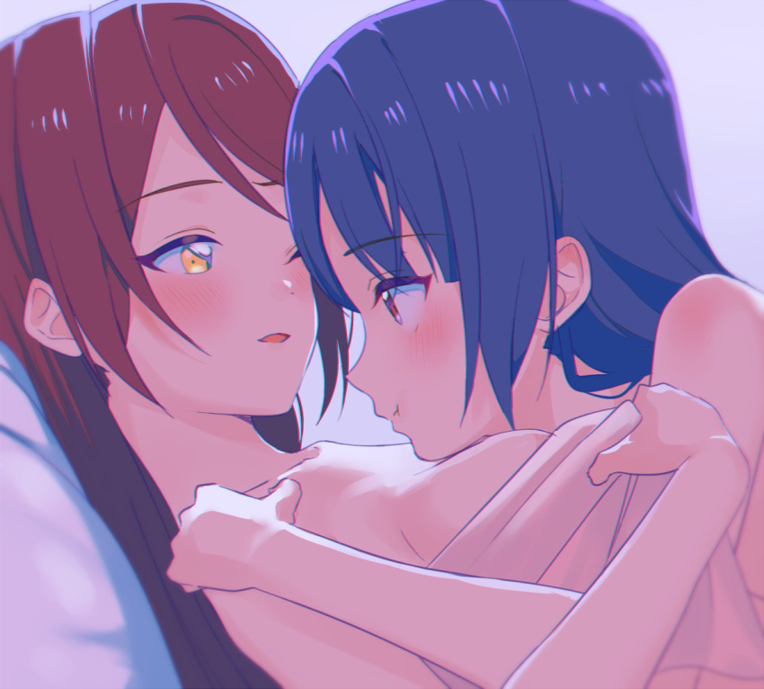 2girls :t blue_hair blush breast_press breasts closed_mouth collarbone eye_contact from_side long_hair looking_at_another love_live! love_live!_sunshine!! medium_breasts multiple_girls nude open_mouth red_eyes redhead sakurauchi_riko sellel shiny shiny_hair tsushima_yoshiko upper_body yellow_eyes yuri