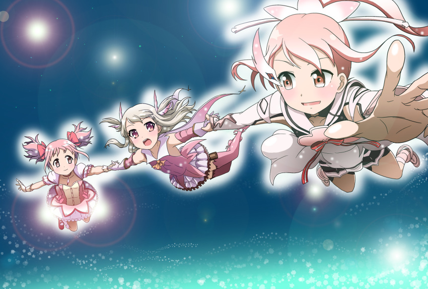 3girls :d armpits bike_shorts black_shorts boots bow collarbone crossover detached_sleeves fate/kaleid_liner_prisma_illya fate_(series) feathers floating_hair flying full_body gloves hair_bow hair_feathers hair_ornament hairpin highres holding_hands interlocked_fingers kakkii kaname_madoka layered_skirt lens_flare long_hair long_sleeves mahou_shoujo_madoka_magica miniskirt multiple_girls open_mouth outstretched_arms outstretched_hand pink_bow pink_eyes pink_feathers pink_footwear pink_hair pink_sleeves pleated_skirt prisma_illya red_eyes sailor_collar shiny shiny_hair shirt short_shorts shorts silver_hair skirt sleeveless sleeveless_shirt smile strapless thigh-highs thigh_boots twintails white_gloves white_sailor_collar white_skirt yellow_shirt yuuki_yuuna yuuki_yuuna_wa_yuusha_de_aru yuusha_de_aru zettai_ryouiki