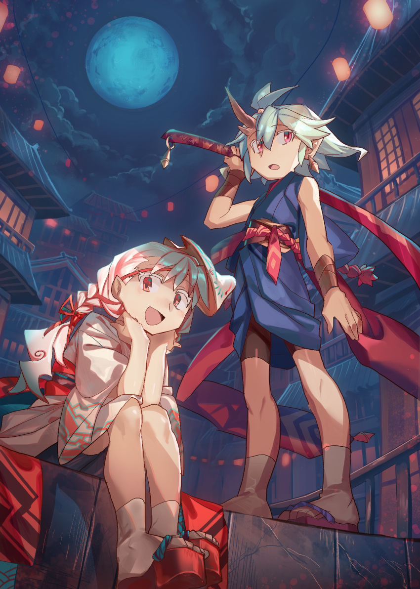 2girls :d architecture bike_shorts blue_kimono braid clog_sandals clouds cloudy_sky earrings east_asian_architecture fox_mask full_moon grey_legwear hair_ribbon highres holding holding_sword holding_weapon horns japanese_clothes jewelry kimono looking_at_viewer mask mask_on_head moon multiple_girls open_mouth original over_shoulder parted_lips pointy_ears red_eyes red_ribbon ribbon sandals shichigatsu short_hair single_braid single_horn sitting sky smile socks standing sword sword_over_shoulder weapon weapon_over_shoulder white_hair white_kimono