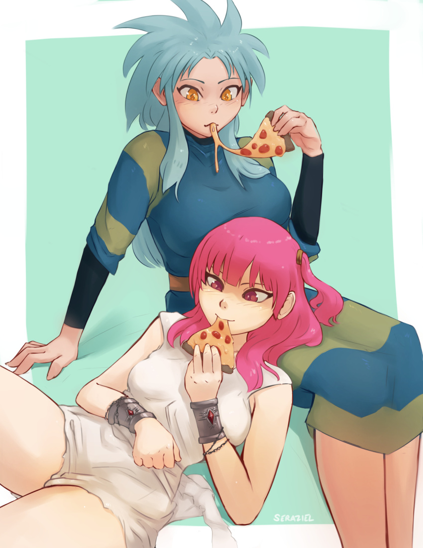 2girls arm_support artist_name big_hair blue_hair blush bracer breasts cheese cheese_trail commission crossover dress eating food highres large_breasts long_hair long_sleeves lying magi_the_labyrinth_of_magic morgiana multiple_girls on_back pink_eyes pink_hair pizza ryouko_(tenchi_muyou!) seraziel side_ponytail sitting sleeveless sleeveless_dress small_breasts tenchi_muyou! white_dress yellow_eyes