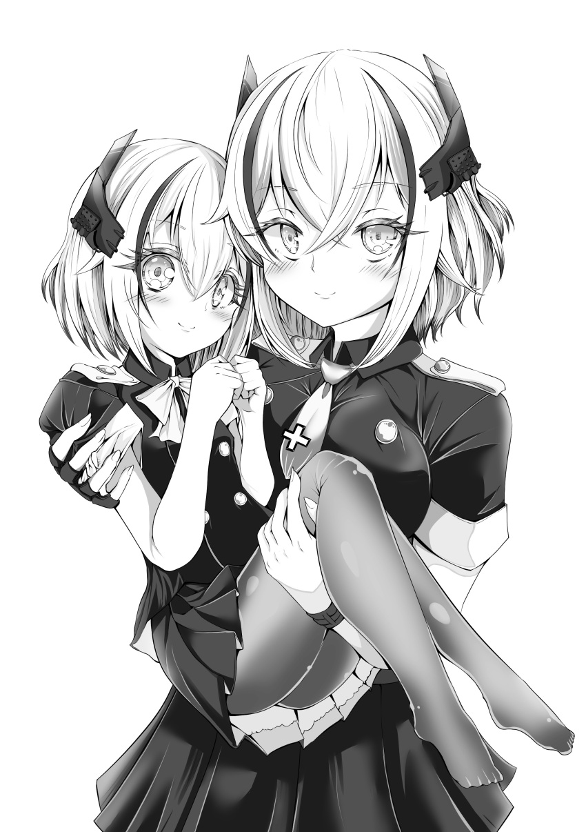 2girls absurdres ass azur_lane bangs blush breasts buttons carrying collared_shirt commentary_request cowboy_shot crossed_bangs emulume eyebrows_visible_through_hair fingernails full_body greyscale hair_between_eyes headgear highres if_they_mated iron_cross large_breasts long_fingernails looking_at_viewer monochrome mother_and_daughter multicolored_hair multiple_girls neck_ribbon necktie pantyhose princess_carry ribbon roon_(azur_lane) shirt short_hair short_sleeves sidelocks simple_background sketch skirt smile standing streaked_hair white_background wristband