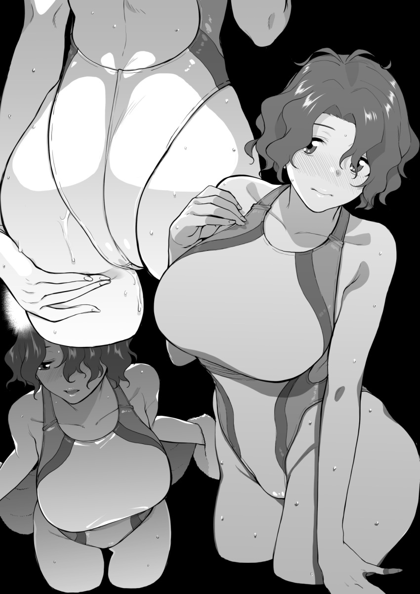 1girl antenna_hair ass breasts competition_swimsuit greyscale highleg highleg_swimsuit highres humiyou idolmaster idolmaster_million_live! large_breasts looking_at_viewer monochrome multiple_views one-piece_swimsuit short_hair swimsuit toyokawa_fuuka wavy_hair