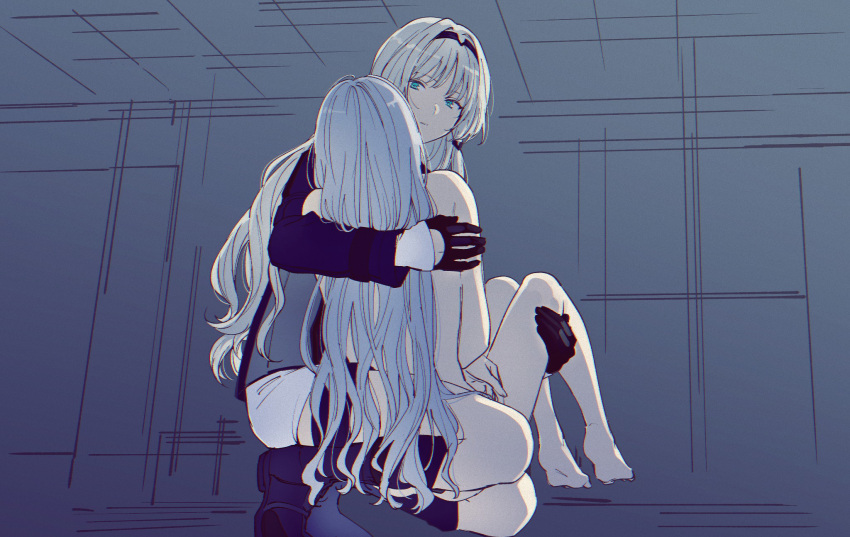 2girls aimai-me ak-12_(girls_frontline) an-94_(girls_frontline) aqua_eyes bangs bare_shoulders black_gloves carrying closed_mouth clothed_female_nude_female commentary_request dm_owr from_below girls_frontline gloves hairband highres indoors jacket long_hair looking_at_another multiple_girls nude platinum_blonde_hair princess_carry shorts silver_hair squatting thighs white_shorts yuri