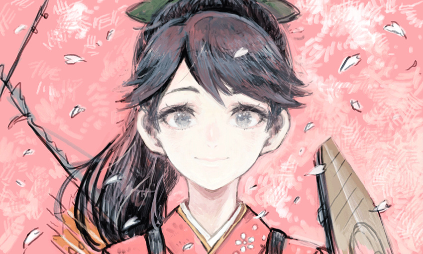 1girl arrow_(projectile) black_hair flight_deck fujinozu grey_eyes houshou_(kantai_collection) japanese_clothes kantai_collection kimono long_hair looking_at_viewer pink_background pink_kimono ponytail smile solo tasuki upper_body