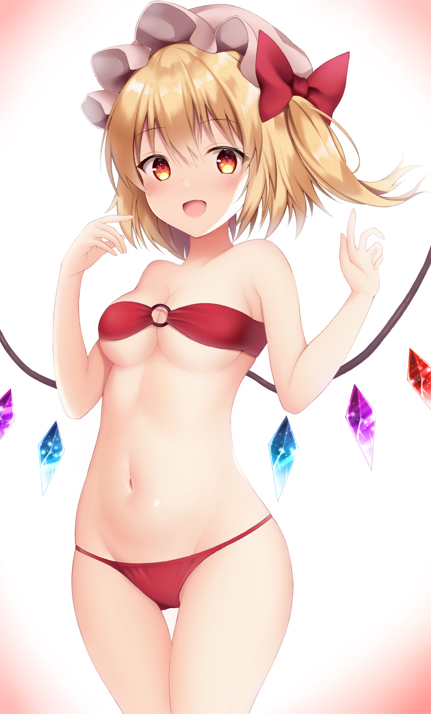 1girl :d absurdres bangs bikini blonde_hair breasts commentary_request crystal eyebrows_visible_through_hair flandre_scarlet hands_up hat highres looking_at_viewer medium_breasts mob_cap navel o-ring o-ring_bikini o-ring_top open_mouth orange_eyes red_background red_bikini red_eyes short_hair side_ponytail smile solo swimsuit touhou two-tone_background utekiro white_background white_headwear wings