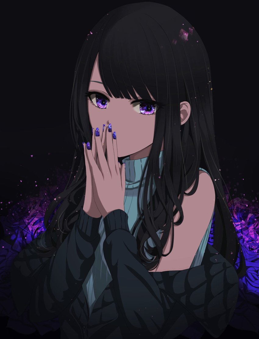 1girl absurdres alternate_hairstyle bare_shoulders black_hair commentary_request eyebrows_visible_through_hair floral_background hands_together highres idolmaster idolmaster_shiny_colors jacket kazano_hiori long_hair nail_polish open_clothes open_jacket purple_nails ryouta_(ryouta335) violet_eyes