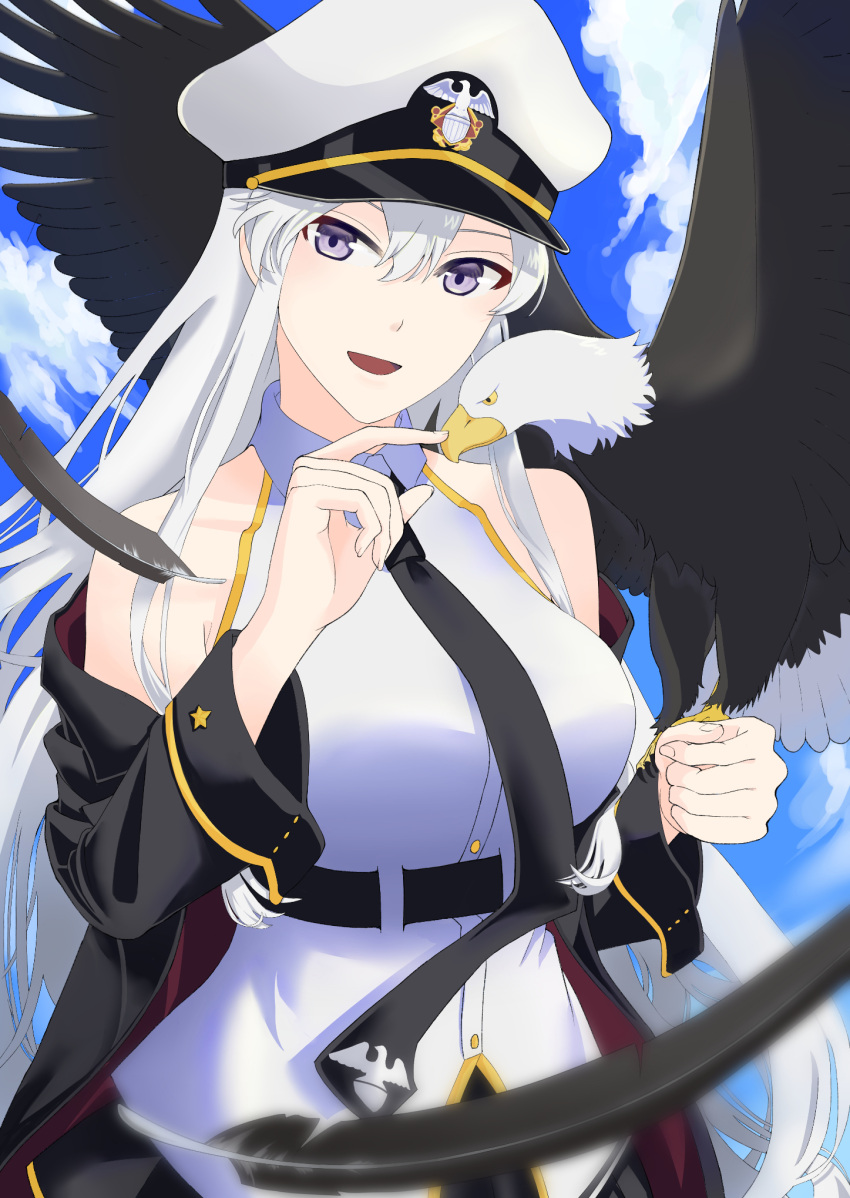 1girl azur_lane bird black_coat black_neckwear black_skirt blue_sky clouds coat collared_shirt eagle enterprise_(azur_lane) feathers gold_trim hat highres long_hair military_hat miniskirt necktie open_clothes open_coat peaked_cap pleated_skirt shirt silver_hair skirt sky sleeveless tohko very_long_hair violet_eyes white_shirt