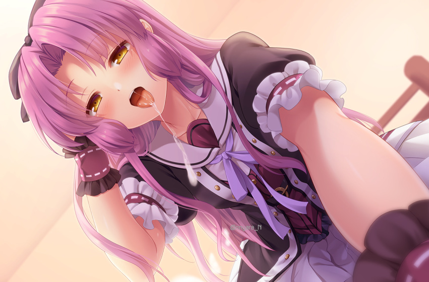 1girl bangs black_jacket blurry blush bow breasts commentary depth_of_field drooling eiyuu_densetsu eyebrows_visible_through_hair foreshortening hair_bow half-closed_eyes hand_in_hair indoors jacket long_hair looking_at_viewer miniskirt nnyara open_mouth parted_bangs pov purple_hair purple_shirt renne sailor_collar saliva sen_no_kiseki shirt skirt small_breasts smile sora_no_kiseki straddling tongue tongue_out twitter_username white_skirt wrist_cuffs yellow_eyes