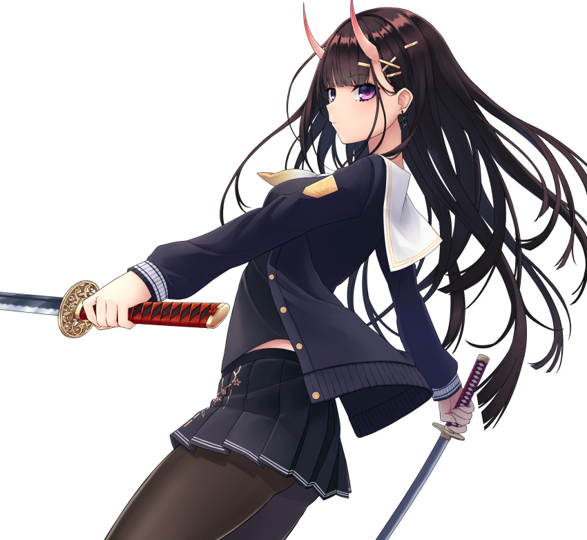 1girl azur_lane bangs black_cardigan black_hair black_shirt black_skirt blunt_bangs blush brown_legwear cardigan closed_mouth commentary_request dual_wielding earrings foreshortening from_side hair_ornament hairclip highres holding holding_sword holding_weapon horns jewelry katana long_hair long_sleeves looking_at_viewer looking_to_the_side miniskirt nameko_houshi noshiro_(azur_lane) oni_horns open_cardigan open_clothes pantyhose pleated_skirt sailor_collar shirt simple_background skin-covered_horns skirt solo sword unbuttoned violet_eyes weapon white_background white_neckwear white_sailor_collar x_hair_ornament