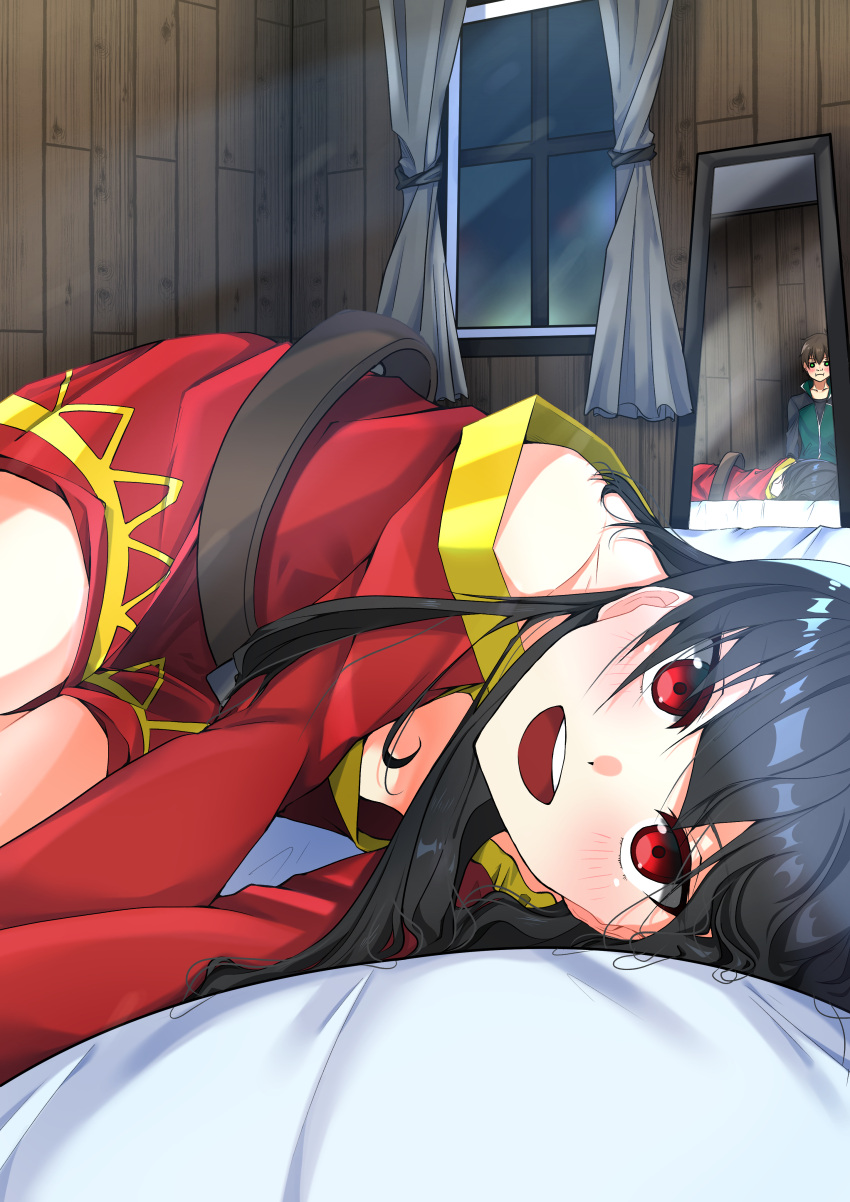 1boy 1girl :d absurdres bed_sheet black_hair blush brown_hair curtains dress highres indoors kono_subarashii_sekai_ni_shukufuku_wo! long_hair long_sleeves looking_at_viewer lying megumin mirror off-shoulder_dress off_shoulder on_side open_mouth red_dress red_eyes sarasara_shoyu satou_kazuma shiny shiny_hair short_dress short_hair smile solo_focus window wooden_wall