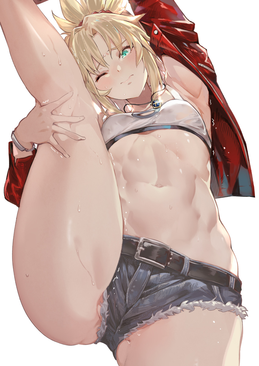 1girl absurdres artoria_pendragon_(all) bandeau bangs blush braid breasts closed_mouth cutoffs denim denim_shorts fate/apocrypha fate_(series) french_braid green_eyes hair_ornament hair_scrunchie highres leg_lift leg_up long_hair looking_at_viewer mordred_(fate) mordred_(fate)_(all) mysterious_heroine_x_(alter) navel parted_bangs ponytail red_scrunchie scrunchie shorts sidelocks simple_background small_breasts split standing standing_on_one_leg standing_split thighs tokopi white_background