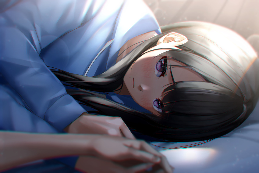 1girl 1other absurdres bangs black_hair blush commentary_request eyebrows_visible_through_hair highres huge_filesize idolmaster idolmaster_shiny_colors kazano_hiori long_hair looking_at_viewer lying mole mole_under_mouth pajamas tera2001 violet_eyes