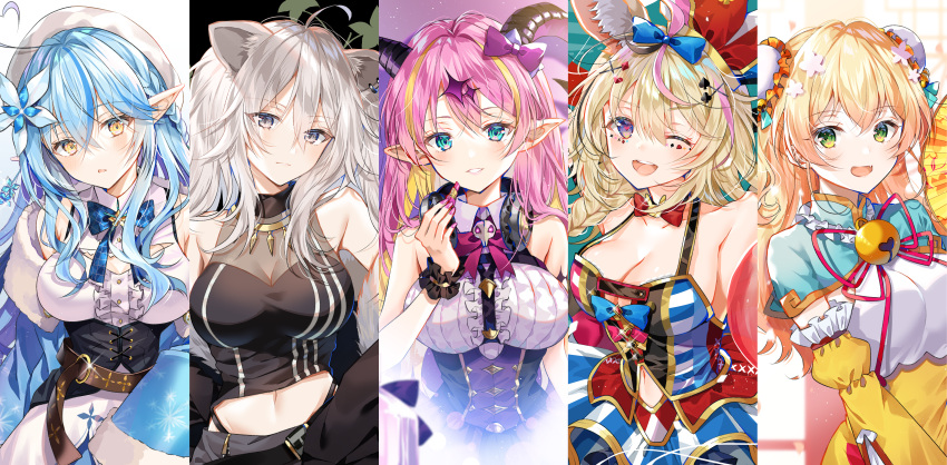 5girls :d ;d absurdres ahoge animal_ears aqua_eyes asymmetrical_horns bangs bare_shoulders belt belt_buckle black_vest blonde_hair blue_bow blue_flower blue_hair blush bow bowtie braid breasts buckle bun_cover coat commentary_request copyright_name cowboy_shot demon_horns detached_sleeves double_bun dress earrings eyebrows_visible_through_hair fan fang flower folding_fan fox_ears fox_girl frills fur-trimmed_jacket fur_trim green_eyes grey_eyes grey_hair hair_between_eyes hair_flower hair_ornament hand_on_hip hat head_tilt headphones headphones_around_neck heart heart_ahoge highlights highres holding hololive horns huge_filesize jacket jester_cap jewelry large_breasts light_blush lion_ears lion_girl long_hair looking_at_viewer mano_aloe midriff momosuzu_nene multicolored_hair multiple_girls myusha necklace off_shoulder omaru_polka one_eye_closed open_mouth parted_lips pink_hair playing_card_theme pointy_ears shirt shishiro_botan sidelocks skirt sleeveless sleeveless_dress sleeveless_shirt smile snowflake_print triangle_mouth two-tone_hair vest violet_eyes virtual_youtuber yellow_eyes yukihana_lamy