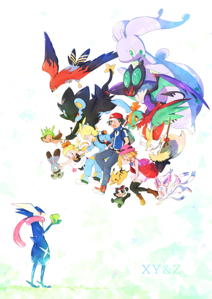 2boys 2girls ahoge ash_ketchum backpack bag baseball_cap black_hair black_legwear blonde_hair blue_jacket blush bonnie_(pokemon) braixen brown_footwear bunnelby chespin clemont_(pokemon) commentary_request copyright_name dedenne fingerless_gloves gen_1_pokemon gen_4_pokemon gen_6_pokemon gloves goodra greninja hat hawlucha highres holding holding_pokemon jacket jumpsuit luxray multiple_boys multiple_girls noivern on_head open_mouth pancham pants pikachu pink_headwear pokemon pokemon_(anime) pokemon_(creature) pokemon_on_head pokemon_xy_(anime) red_headwear serena_(pokemon) shoes short_sleeves smile sylveon talonflame thigh-highs yuki56