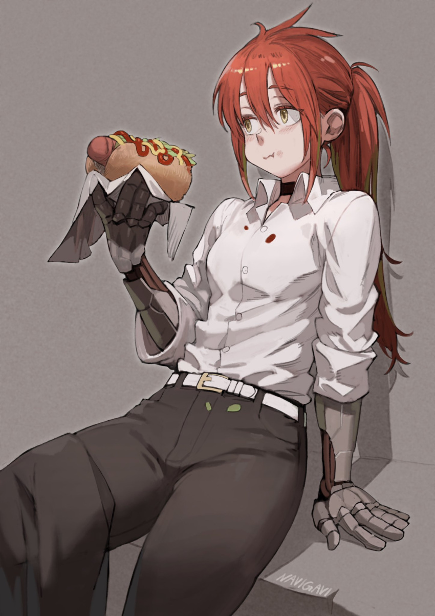 1girl collared_shirt commentary commission cyborg eating eyebrows_visible_through_hair food food_on_clothes hair_between_eyes highres holding holding_food hot_dog jun_(seojh1029) ketchup long_hair mechanical_arms mustard napkin original ponytail redhead shirt simple_background sitting skeb_commission sleeves_rolled_up solo stained_clothes symbol_commentary