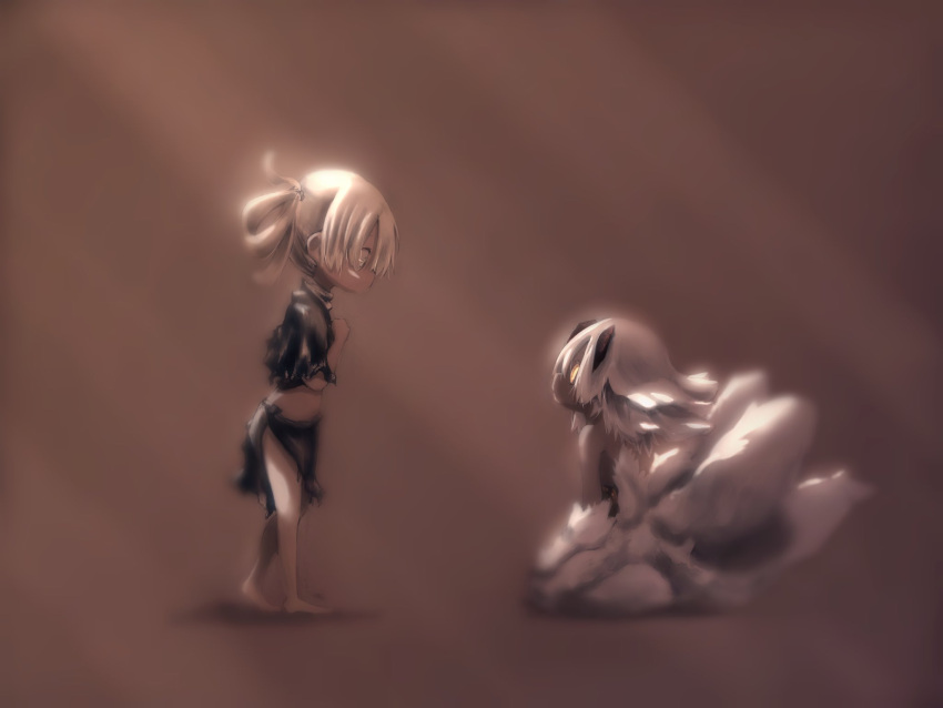 2girls bangs bare_legs barefoot black_skin blonde_hair brown_background colored_skin commentary_request dark-skinned_female dark_skin extra_arms eye_contact faputa from_side full_body hair_rings hand_up highres irumyuui light_rays looking_at_another looking_down looking_up made_in_abyss marudoll midriff monster_girl multiple_girls nude profile seiza side_slit simple_background sitting skirt torn_clothes torn_skirt walking white_fur white_hair yellow_eyes