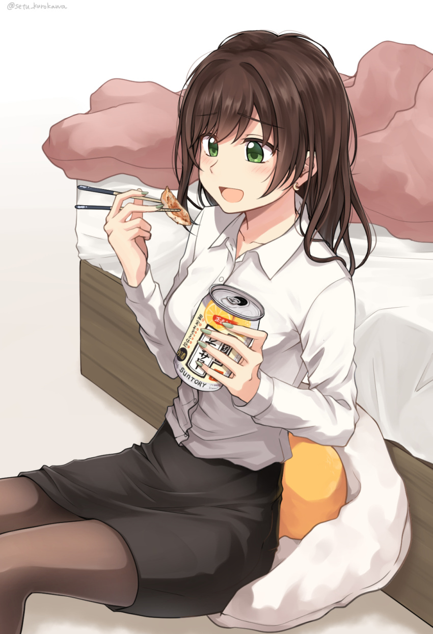 1girl bangs bed black_legwear black_skirt blush brown_hair can chewing chopsticks collared_shirt cushion dress dress_shirt dumpling earrings eyebrows_visible_through_hair food green_eyes grey_nails highres holding holding_can holding_chopsticks jewelry jiaozi long_hair long_sleeves miniskirt nail_polish office_lady open_mouth original pantyhose pencil_dress pencil_skirt setu_kurokawa shirt shirt_tucked_in sitting skirt white_background white_shirt