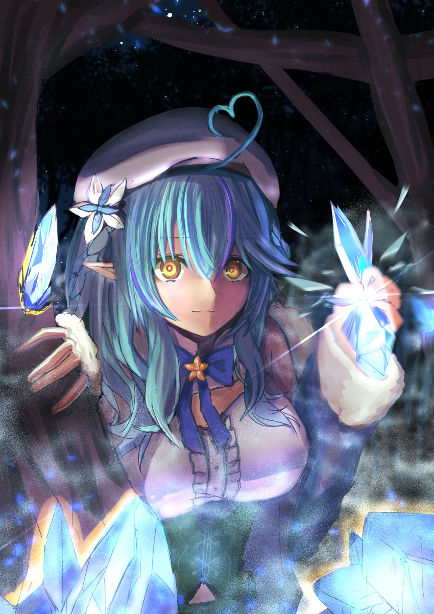 1girl absurdres ahoge beret blue_coat blue_hair breasts clenched_hand coat commentary_request elf eyebrows_visible_through_hair flower fur-trimmed_coat fur_trim hair_between_eyes hair_flower hair_ornament hat heart_ahoge highres hololive huge_filesize ice looking_at_viewer medium_breasts micon night pointy_ears solo staring tree virtual_youtuber white_headwear yellow_eyes yukihana_lamy