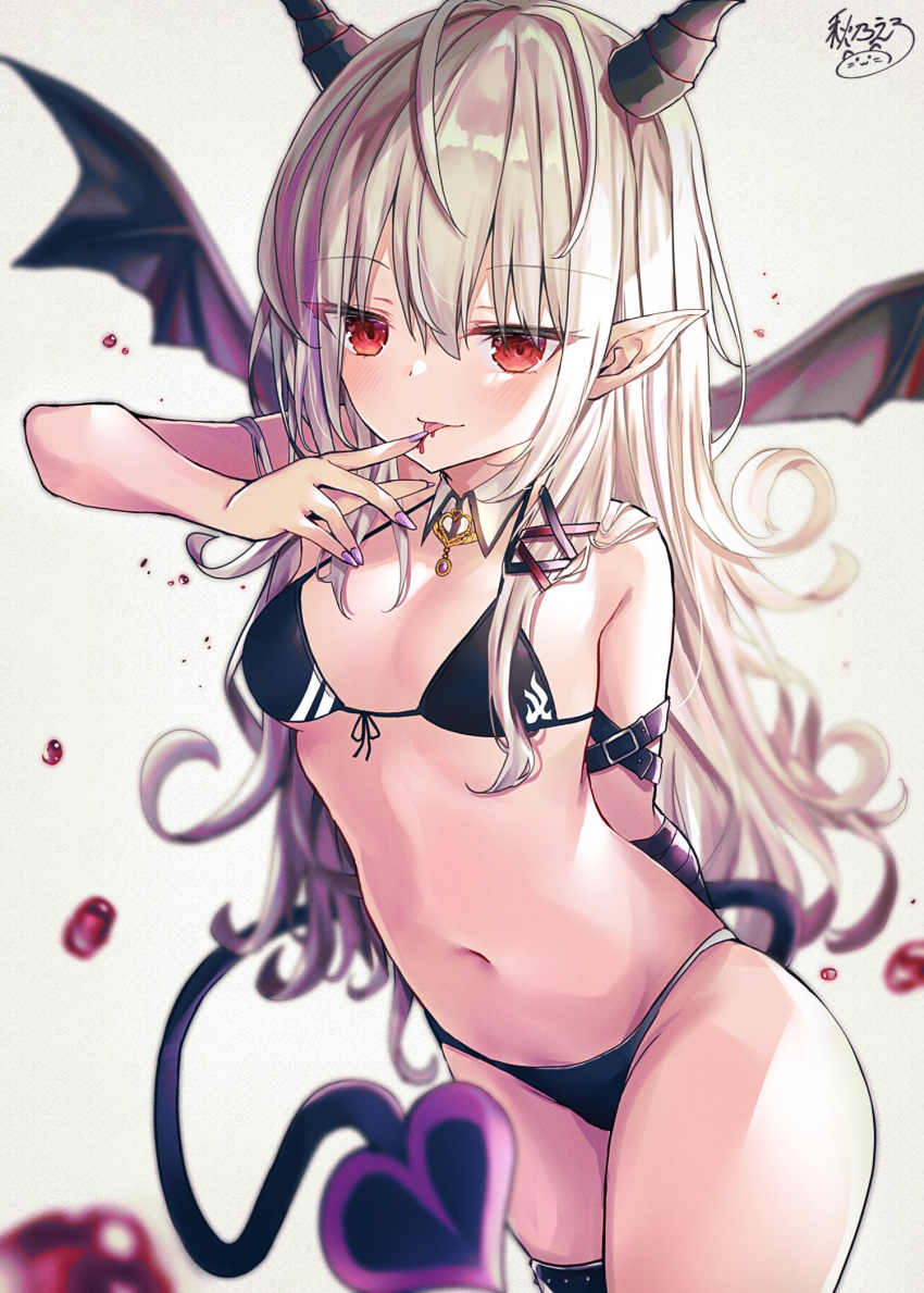 1girl akino_ell bare_shoulders bikini black_bikini blurry breasts cowboy_shot demon_girl demon_horns demon_tail demon_wings depth_of_field detached_collar finger_to_mouth front-tie_bikini front-tie_top groin halterneck highres horns long_hair looking_at_viewer navel original pointy_ears red_eyes silver_hair small_breasts solo stomach string_bikini swimsuit tail thighs tongue tongue_out vampire wavy_hair wings