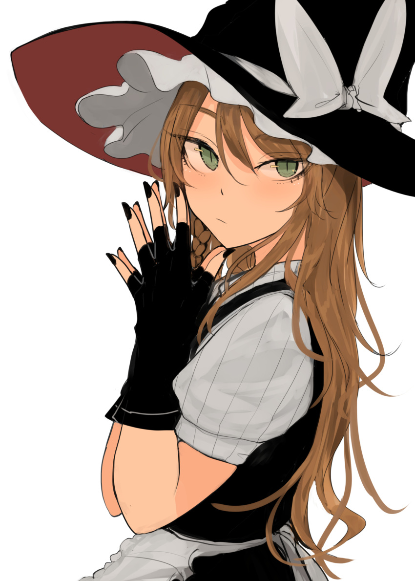 1girl apron bangs black_gloves black_headwear black_nails black_vest blonde_hair bow braid closed_mouth eyebrows_visible_through_hair fingerless_gloves from_side gloves green_eyes hair_bow hands_together hat hat_bow highres kirisame_marisa long_hair looking_at_viewer ne_kuro puffy_short_sleeves puffy_sleeves shirt short_sleeves simple_background single_braid solo touhou upper_body vest waist_apron white_apron white_background white_bow white_shirt witch_hat