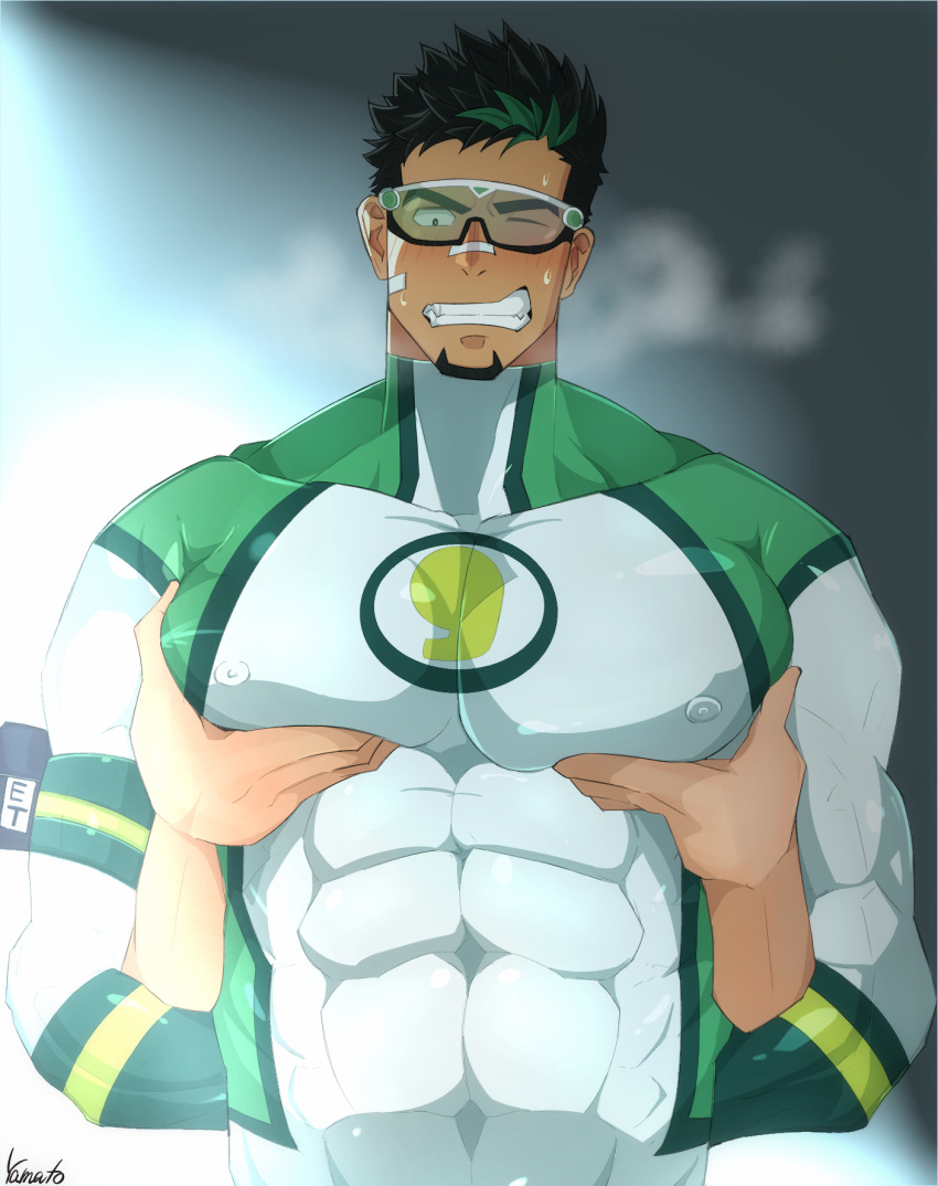 1boy 1other bara black_hair blush bodysuit bound bound_wrists breath chest clenched_teeth covered_abs covered_navel covered_nipples dark_skin dark_skinned_male facial_hair goatee grabbing green_bodysuit green_hair groping highres kyoichi_(live_a_hero) live_a_hero male_focus manly multicolored_hair muscle one_eye_closed pectoral_grab solo_focus streaked_hair sweat teeth tight upper_body white_bodysuit yamato_(pixiv29997945)