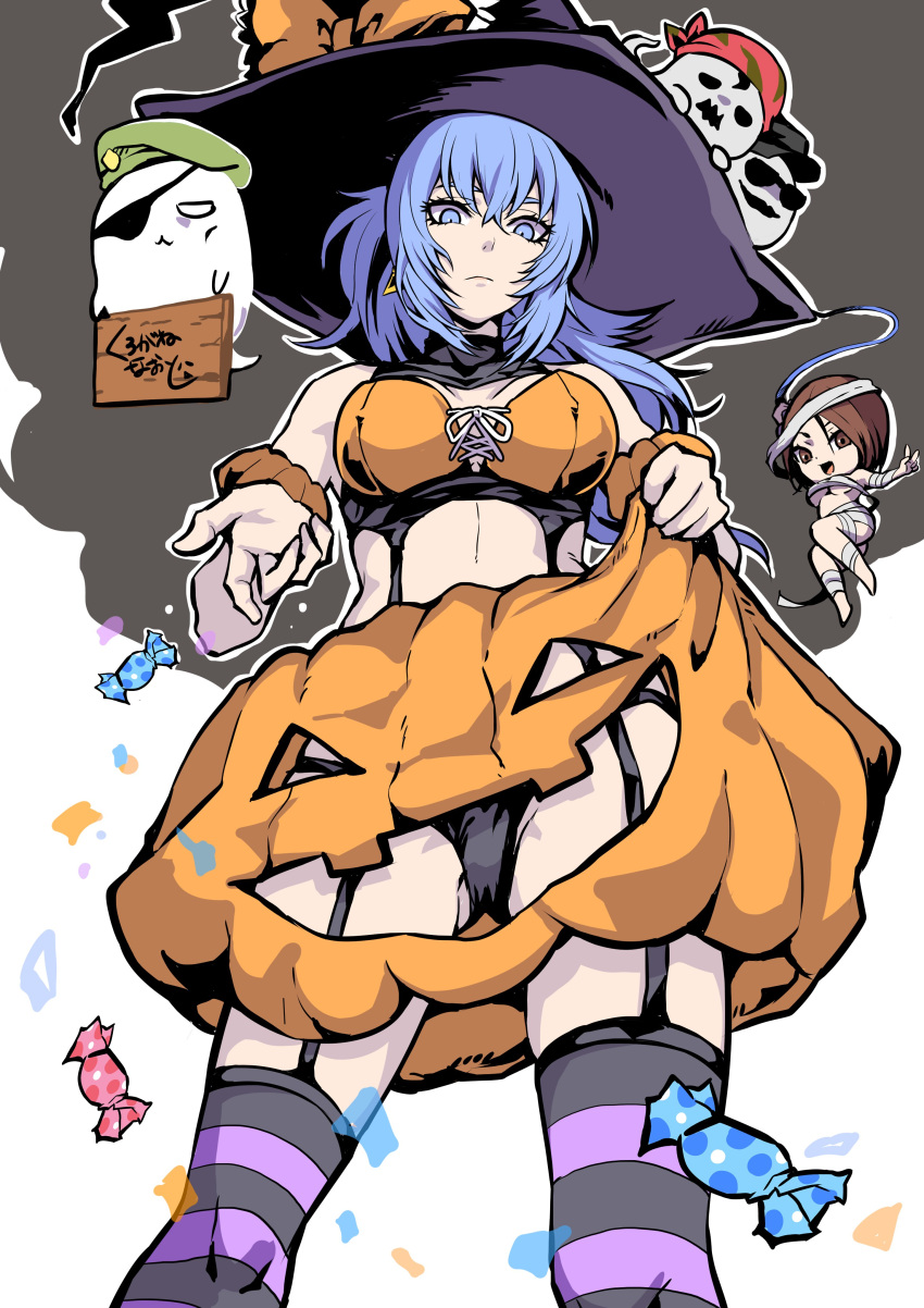 absurdres alternate_costume bandana blue_eyes blue_hair breasts brown_eyes brown_hair candy chibi clark_still eyepatch food ghost halloween halloween_costume hat hat_ribbon heidern highres ikari_warriors kurogane_naoto_(churushiko) leona_heidern looking_at_viewer mummy_costume pumpkin pumpkin_costume ralf_jones ribbon sunglasses the_king_of_fighters thigh-highs underwear whip_(kof) witch_hat