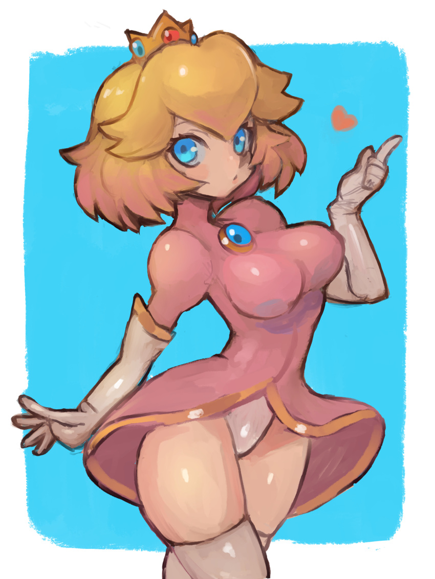 1girl adapted_costume alternate_hairstyle blonde_hair blue_eyes blush breasts crown dakusuta dress earrings elbow_gloves gloves heart highres index_finger_raised jewelry large_breasts super_mario_bros. pink_dress princess_peach short_hair solo thigh-highs
