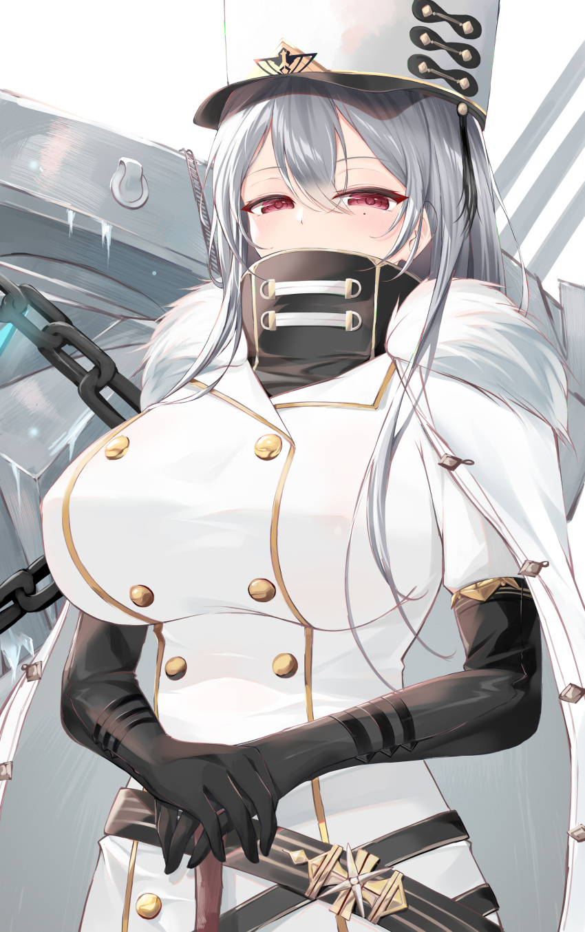 1girl absurdres azur_lane bangs black_gloves breasts chain coat coat_dress covered_mouth double-breasted fur-trimmed_coat fur_trim gloves hair_between_eyes hands_together hat high_collar highres large_breasts long_hair machinery military military_hat military_uniform mole mole_under_eye red_eyes rigging sakkama sidelocks silver_hair sovetskaya_rossiya_(azur_lane) uniform white_coat