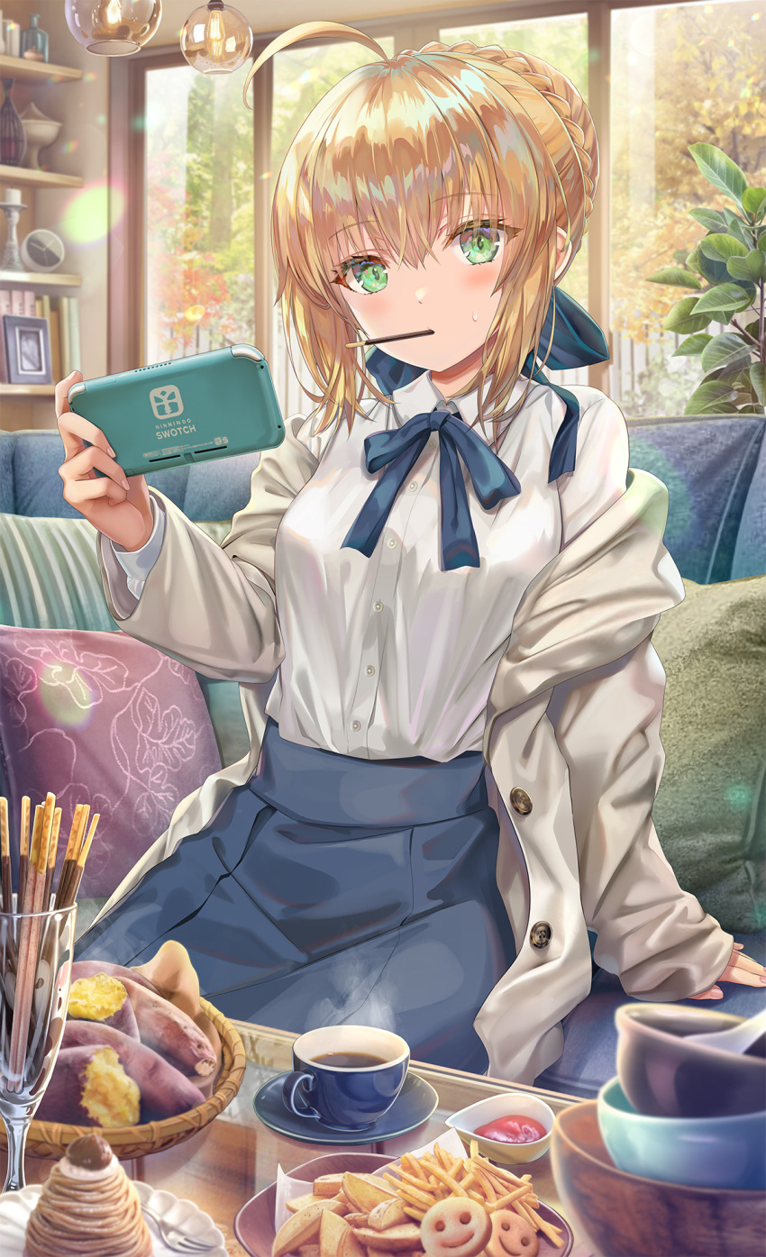 1girl ahoge artoria_pendragon_(all) bangs blonde_hair blue_skirt blush breasts collared_shirt dress_shirt fate/stay_night fate_(series) green_eyes handheld_game_console highres holding holding_handheld_game_console jacket long_hair long_sleeves looking_at_viewer nintendo nintendo_switch open_clothes open_jacket saber shirt skirt small_breasts torino_akua white_jacket white_shirt