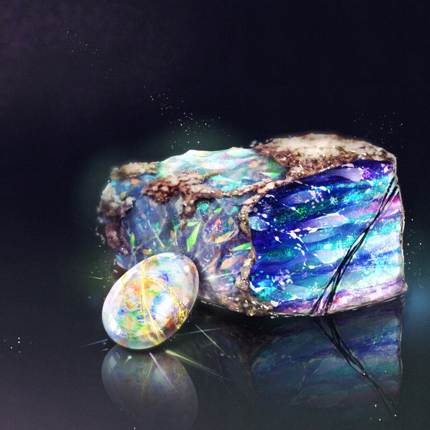 black_background cluseller commentary_request gem gradient gradient_background highres light_particles no_humans opal_(gemstone) original partial_commentary reflection rock shiny simple_background still_life