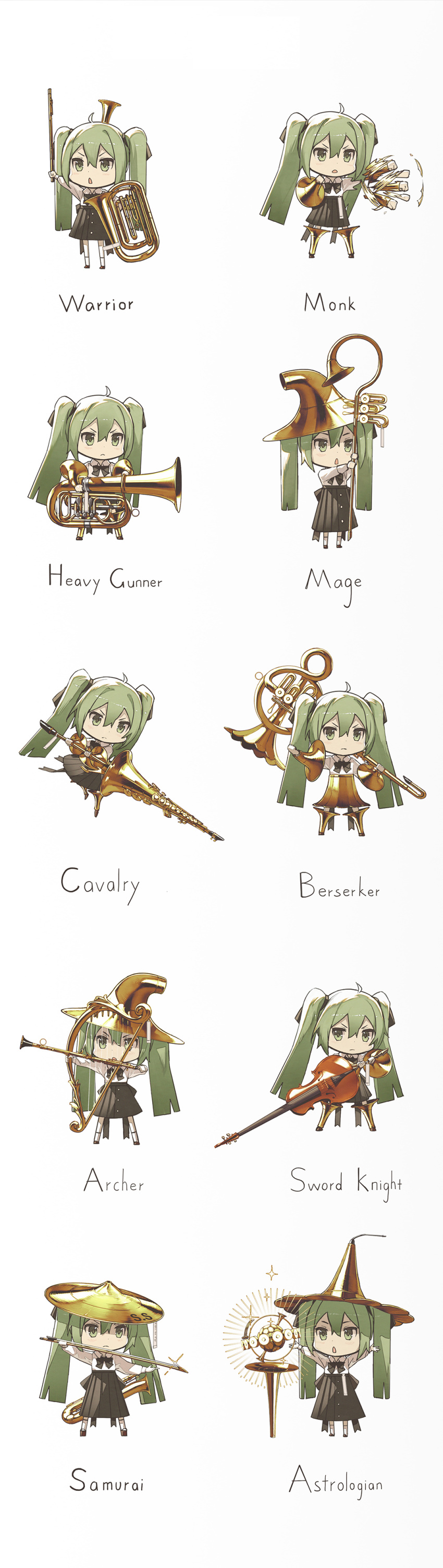 1girl :&lt; absurdres afterimage ahoge aiming archery arm_armor arm_up arms_up arrow_(projectile) astrolabe axe battle_axe black_skirt bow_(instrument) bow_(weapon) bullet cello chibi chinese_commentary clarinet clenched_hand commentary cymbals drawing_bow english_text faulds fighting_stance firing flute french_horn full_body glint globe gold green_eyes green_hair gun hair_ribbon harp hat hatsune_miku heavy_machine_gun highres holding holding_instrument holding_staff holding_weapon horn_(instrument) improvised_shield improvised_weapon instrument kieed lance large_hat leg_armor light_frown long_hair looking_at_viewer machine_gun mage medieval multiple_views open_mouth orb outstretched_arm outstretched_arms over_shoulder pleated_skirt polearm punching rapid_punches ribbon samurai saxophone scabbard shadow sheath shirt skirt solo sparkle staff standing string sword triangle_mouth tuba twintails v-shaped_eyebrows very_long_hair vocaloid warrior weapon white_background white_shirt witch_hat