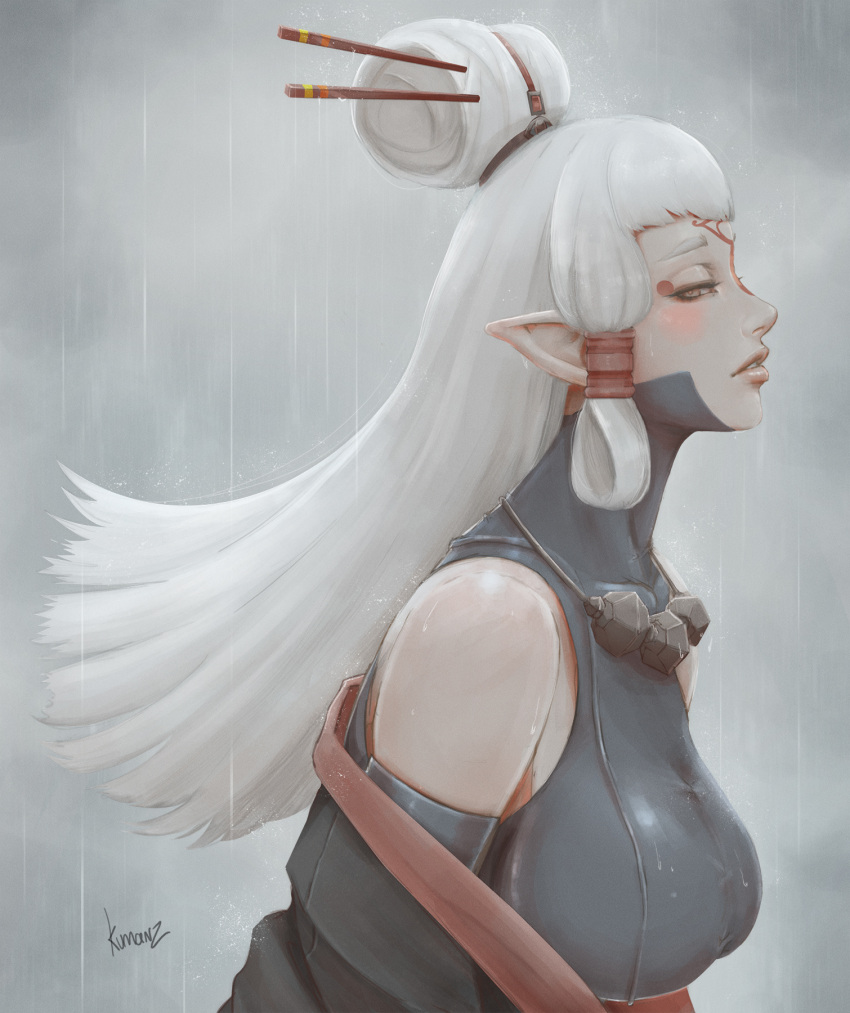 1girl bare_shoulders breasts facial_mark hair_ornament hair_stick half-closed_eyes highres jewelry kumanz large_breasts long_hair looking_at_viewer looking_to_the_side makeup necklace paya_(zelda) pointy_ears profile rain sidelocks the_legend_of_zelda the_legend_of_zelda:_breath_of_the_wild white_hair