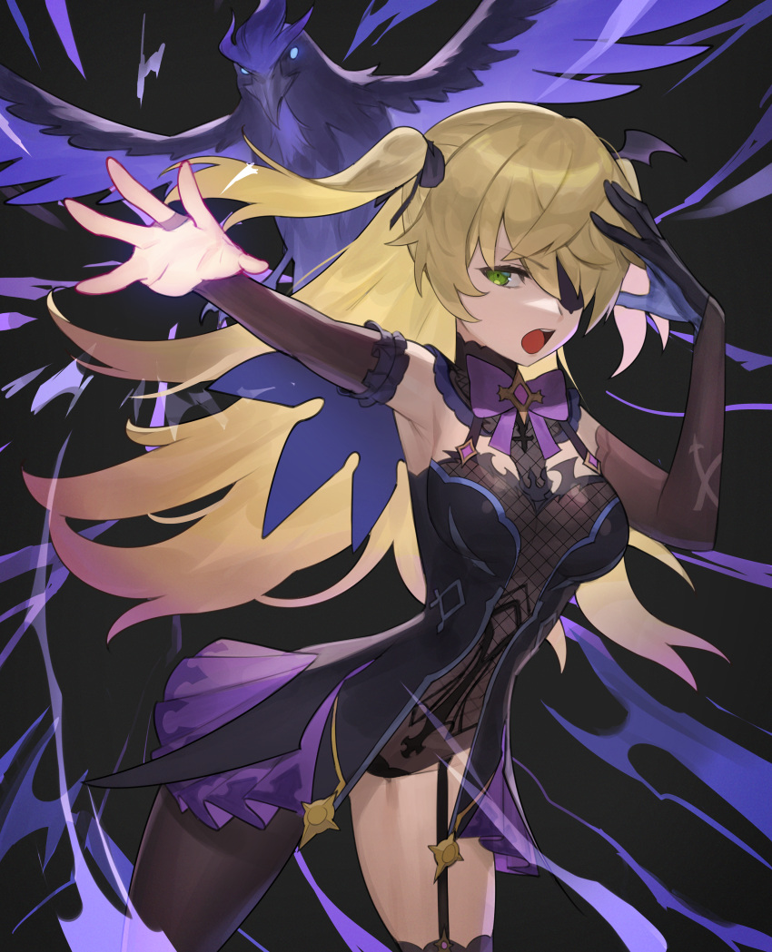 1girl absurdres bangs bird bodystocking breasts eyepatch fischl_(genshin_impact) genshin_impact gloves green_eyes hair_over_one_eye highres hood_(james_x) huge_filesize long_hair looking_at_viewer open_mouth purple_neckwear raven_(animal) single_glove small_breasts two_side_up