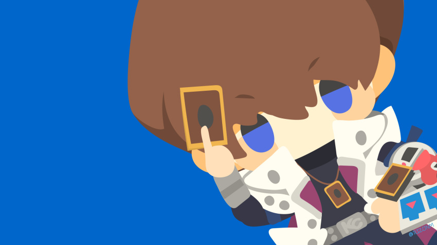 1boy bangs black_pants black_shirt blue_background blue_eyes brown_hair card card_pendant chibi coat commentary duel_disk dutch_angle highres holding holding_card jewelry kaiba_seto looking_at_viewer male_focus no_mouth open_clothes open_coat pants pendant rizu_(rizunm) shirt short_hair simple_background solo standing twitter_username white_coat yu-gi-oh! yu-gi-oh!_duel_monsters
