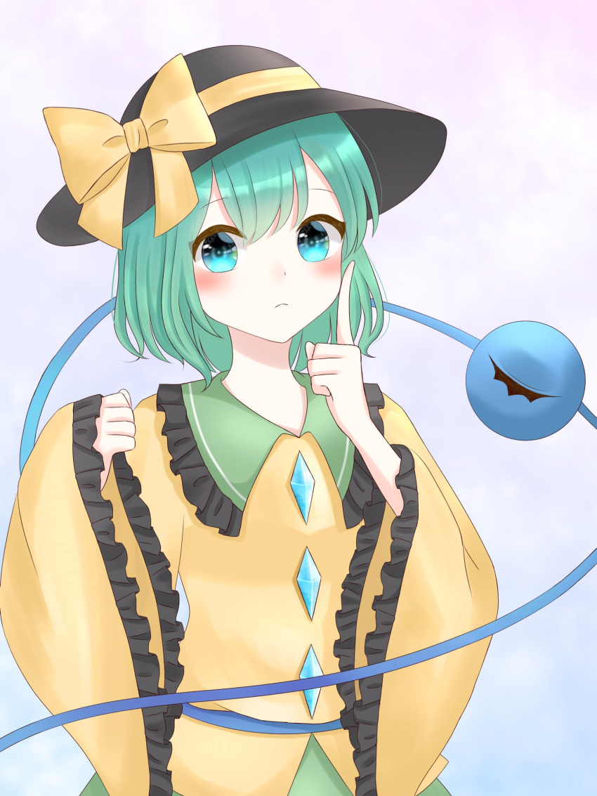 1girl black_headwear blue_eyes blush bow closed_mouth commentary_request expressionless eyeball eyebrows_visible_through_hair frilled_shirt_collar frills gradient gradient_background green_hair green_skirt hat hat_bow highres index_finger_raised komeiji_koishi light_blue_background long_sleeves looking_at_viewer piyoru_nico shirt short_hair simple_background skirt sleeves_past_wrists solo third_eye touhou upper_body wide_sleeves yellow_bow yellow_shirt