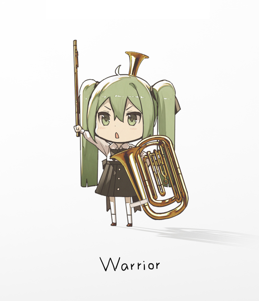 1girl arm_up black_skirt chibi chinese_commentary commentary english_text flute full_body gold green_eyes green_hair hair_ribbon hat hatsune_miku highres holding holding_instrument holding_weapon improvised_shield improvised_weapon instrument kieed long_hair outstretched_arm pleated_skirt ribbon shadow shirt skirt solo standing triangle_mouth tuba twintails v-shaped_eyebrows very_long_hair vocaloid warrior weapon white_background white_shirt
