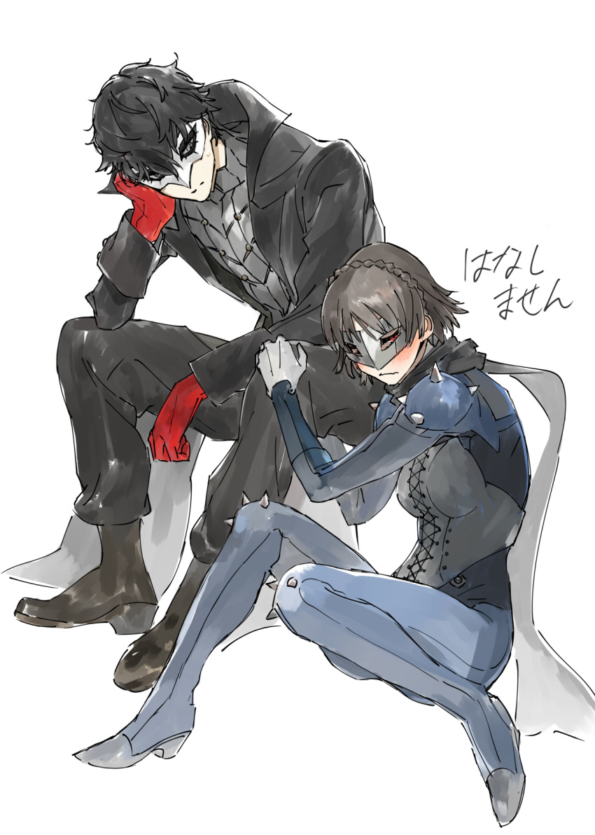 1boy 1girl amamiya_ren bangs biker_clothes black_footwear black_hair black_jacket black_pants black_scarf blush boots braid breasts brown_hair chin_rest closed_mouth crown_braid gloves highres jacket long_sleeves mask niijima_makoto pants persona persona_5 red_eyes red_gloves scarf short_hair shoulder_spikes simple_background sitting spikes sweat white_background white_gloves wuokb