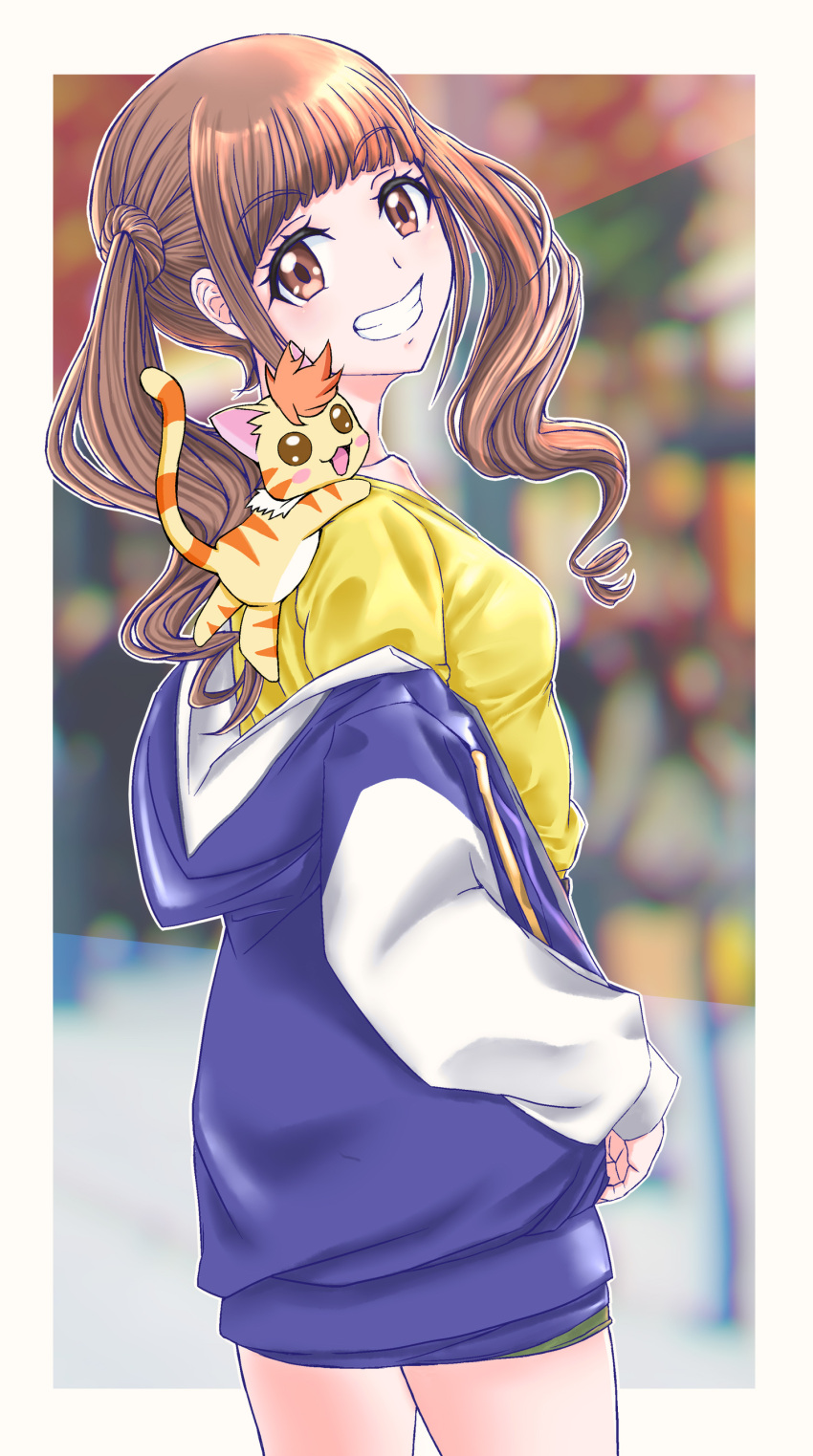 1girl absurdres amawa_kazuhiro animal_on_shoulder bangs blurry blurry_background border brown_hair cardigan cat_on_shoulder collarbone eyebrows_visible_through_hair from_side grin healin'_good_precure highres hiramitsu_hinata hooded_cardigan long_hair long_sleeves looking_at_viewer nyatoran_(precure) open_cardigan open_clothes outside_border precure shiny shiny_hair shirt short_shorts shorts smile solo standing twintails white_border yellow_shirt