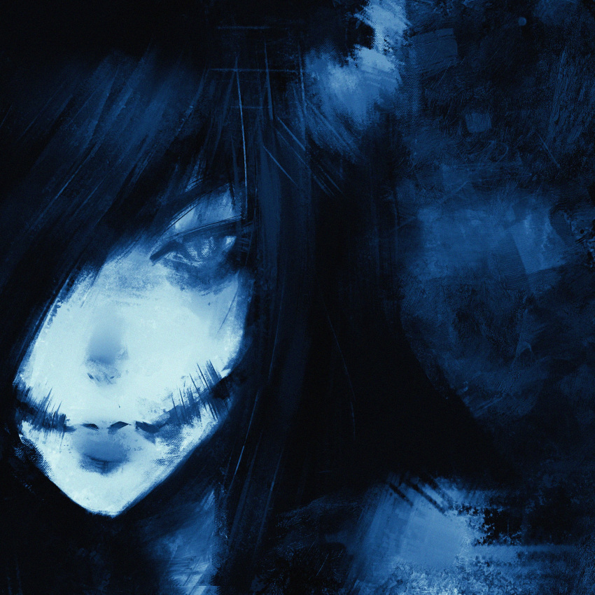 1girl absurdres bangs black_hair blue_background blue_eyes closed_mouth demon demon_girl demon_horns glowing glowing_eyes highres horns long_hair original painting portrait rib.ajikan simple_background solo succubus