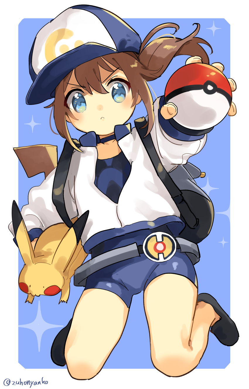 1girl absurdres artist_name backpack bag bangs baseball_cap black_footwear blue_bodysuit blue_eyes blush bodysuit brown_hair closed_mouth commentary_request female_protagonist_(pokemon_go) fingernails floating_hair frown gen_1_pokemon hair_between_eyes hat highres holding holding_poke_ball holding_pokemon jacket long_sleeves pikachu poke_ball poke_ball_(basic) pokemon pokemon_(creature) pokemon_(game) pokemon_go shoes watermark white_jacket zuho_(vega)