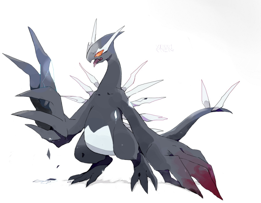 commentary fang full_body gen_2_pokemon legendary_pokemon lugia no_humans open_mouth orange_sclera pokemon pokemon_(creature) shadow_lugia skin_fang solo standing tail tongue tongue_out white_background ytot_335