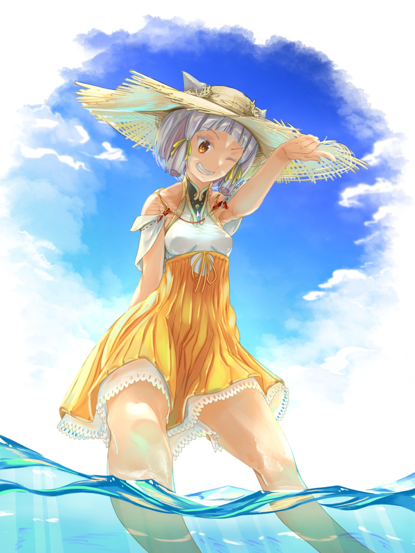 1girl ;) absurdres animal_ears bangs blunt_bangs breasts cat_ears clouds cloudy_sky day ears_through_headwear facial_mark feet_out_of_frame grin hat high-waist_skirt highres nia_(xenoblade) one_eye_closed onigiri_(artist) outdoors partially_underwater_shot short_hair silver_hair skirt sky small_breasts smile solo straw_hat sun_hat teeth xenoblade_chronicles_(series) xenoblade_chronicles_2 yellow_eyes yellow_skirt