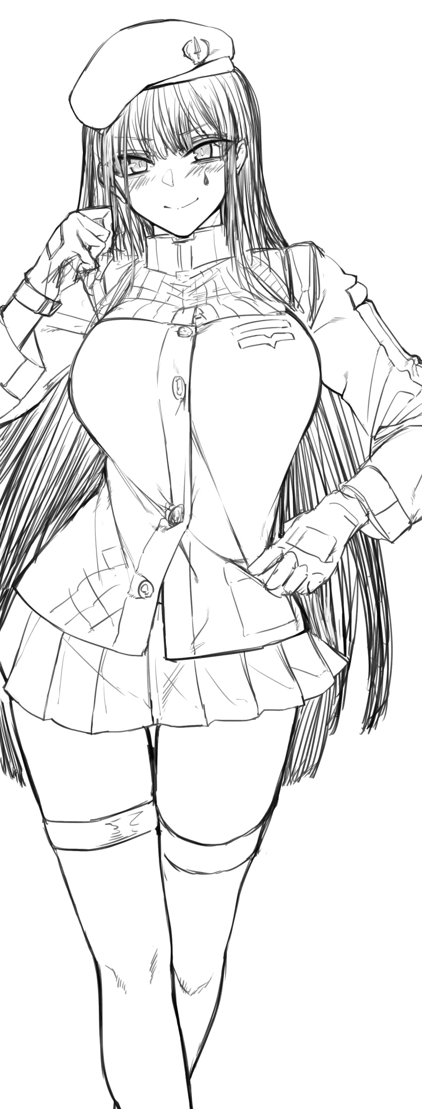 1girl absurdres bangs beret blunt_bangs blush closed_mouth commentary_request eyebrows_visible_through_hair facial_mark feet_out_of_frame girls_frontline gloves greyscale hair_between_eyes hat highres hk416_(girls_frontline) jacket kojima_(blue_stardust) long_hair long_sleeves looking_at_viewer monochrome simple_background sketch skirt smile solo teardrop thigh-highs white_background