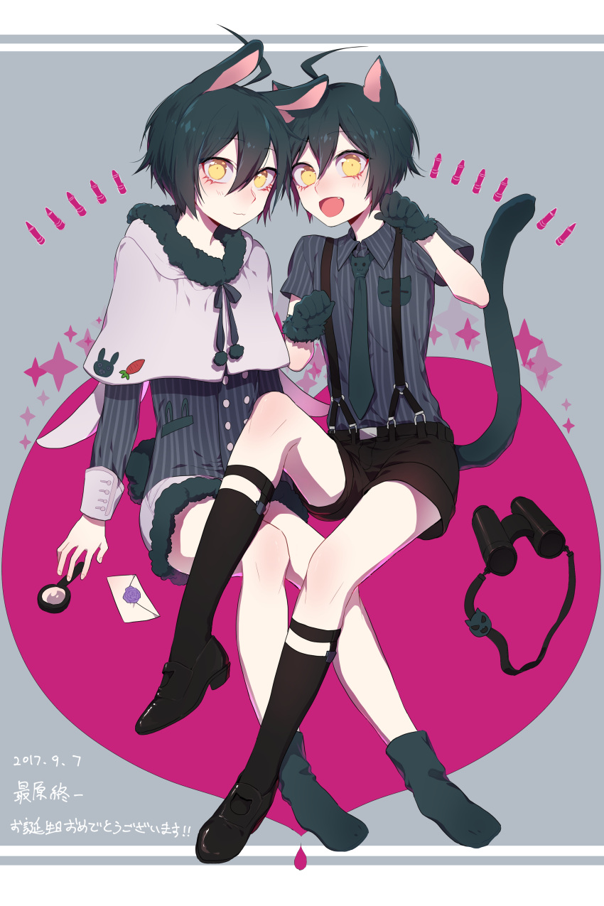 2boys absurdres ahoge alternate_hair_length alternate_hairstyle animal_ears arm_support binoculars black_footwear black_hair black_shirt black_shorts bullet bunny_tail capelet cat_boy cat_ears cat_tail commentary_request dangan_ronpa dated double-breasted dual_persona envelope fang hair_between_eyes hand_up heart highres invisible_chair kneehighs long_sleeves magnifying_glass male_focus multiple_boys nanin new_dangan_ronpa_v3 open_mouth rabbit_boy rabbit_ears saihara_shuuichi school_uniform shirt shoes short_hair shorts sitting smile socks striped striped_shirt suspender_shorts suspenders tail translation_request yellow_eyes