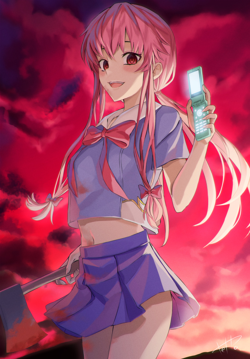 1girl axe bangs blush buta5813 cellphone eyebrows_visible_through_hair flip_phone gasai_yuno highres long_hair mirai_nikki navel open_mouth phone pink_eyes pink_hair ribbon school_uniform weapon yandere