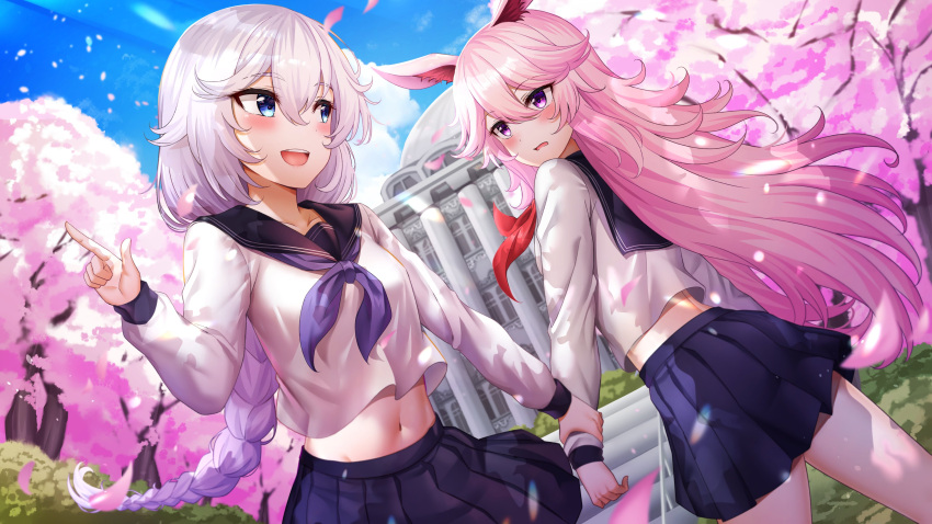 2girls absurdres animal_ears bangs black_sailor_collar blue_eyes blue_skirt blush braid braided_ponytail building character_request cherry_blossoms cropped_shirt eyebrows_visible_through_hair hair_between_eyes highres holding_arm honkai_(series) honkai_impact_3rd index_finger_raised long_hair long_sleeves midriff multiple_girls navel outdoors pink_hair pleated_skirt rabbit_ears sailor_collar school_uniform serafuku shirt skirt sunhyun thighs violet_eyes white_hair white_shirt