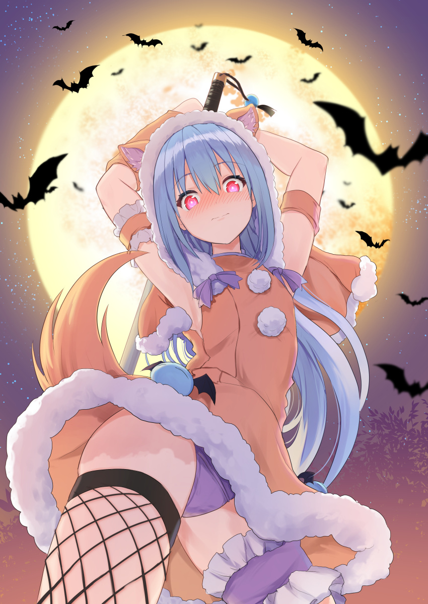 1other absurdres aisu_(icicleshot) alternate_costume androgynous asymmetrical_legwear bangs bat blue_hair blush full-face_blush full_moon halloween highres long_hair moon night rimuru_tempest straight_hair sword tensei_shitara_slime_datta_ken weapon