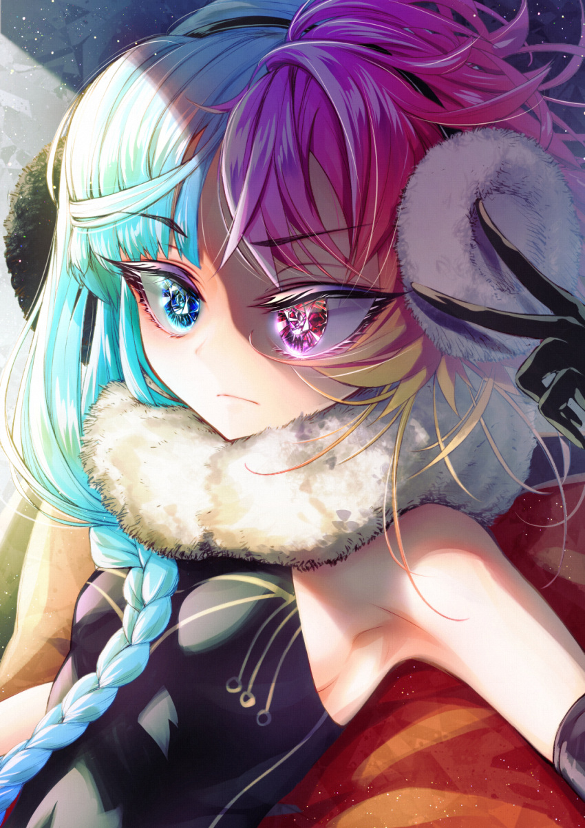 1girl aqua_hair asymmetrical_hair bangs bare_shoulders black_gloves black_shirt blue_eyes blue_hair braid breasts closed_mouth cluseller commentary_request covered_navel cushion earmuffs elbow_gloves eyebrows_visible_through_hair fur-trimmed_shirt fur_trim gloves gradient_hair hand_up heterochromia highres light_particles long_hair multicolored multicolored_eyes multicolored_hair orange_hair original pink_eyes purple_hair raised_eyebrow red_eyes redhead shiny shiny_hair shirt sideboob single_braid sleeveless sleeveless_shirt small_breasts solo tied_hair upper_body