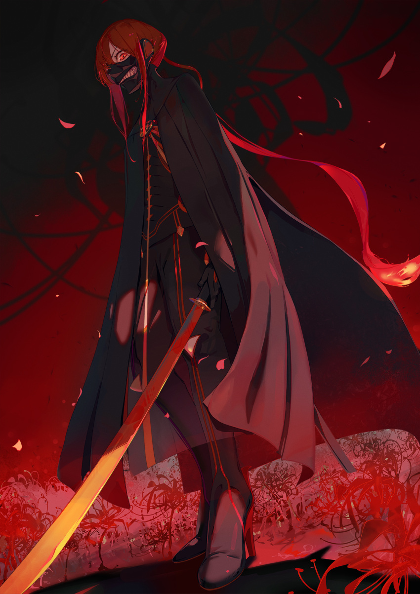 1boy alternate_costume bangs fate/grand_order fate_(series) flower foreshortening full_body glowing glowing_eye high_heels highres holding holding_sword holding_weapon katana kodamazon long_hair long_sleeves looking_at_viewer male_focus oda_nobukatsu_(fate/grand_order) petals ponytail red_eyes red_theme redhead sidelocks spider_lily sword weapon