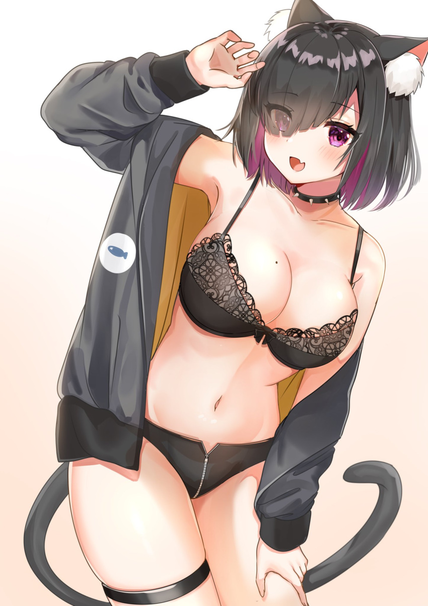 1girl :d animal_ear_fluff animal_ears black_bra black_choker black_hair black_jacket black_panties bra breasts cat_ears cat_tail choker collarbone eyebrows_visible_through_hair eyes_visible_through_hair fang hair_over_one_eye hand_on_own_thigh hand_up highres jacket katsushika_pachi large_breasts leg_garter long_sleeves looking_at_viewer mole mole_on_breast navel open_clothes open_jacket open_mouth original panties pink_eyes short_hair skin_fang smile solo spiked_choker spikes tail underwear zipper zipper_panties